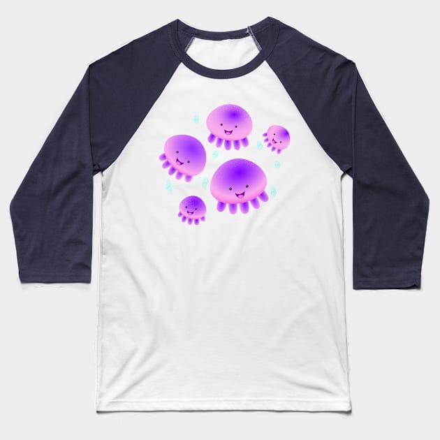 Cute pink purple jellyfish kawaii cartoon Baseball T-Shirt by FrogFactory